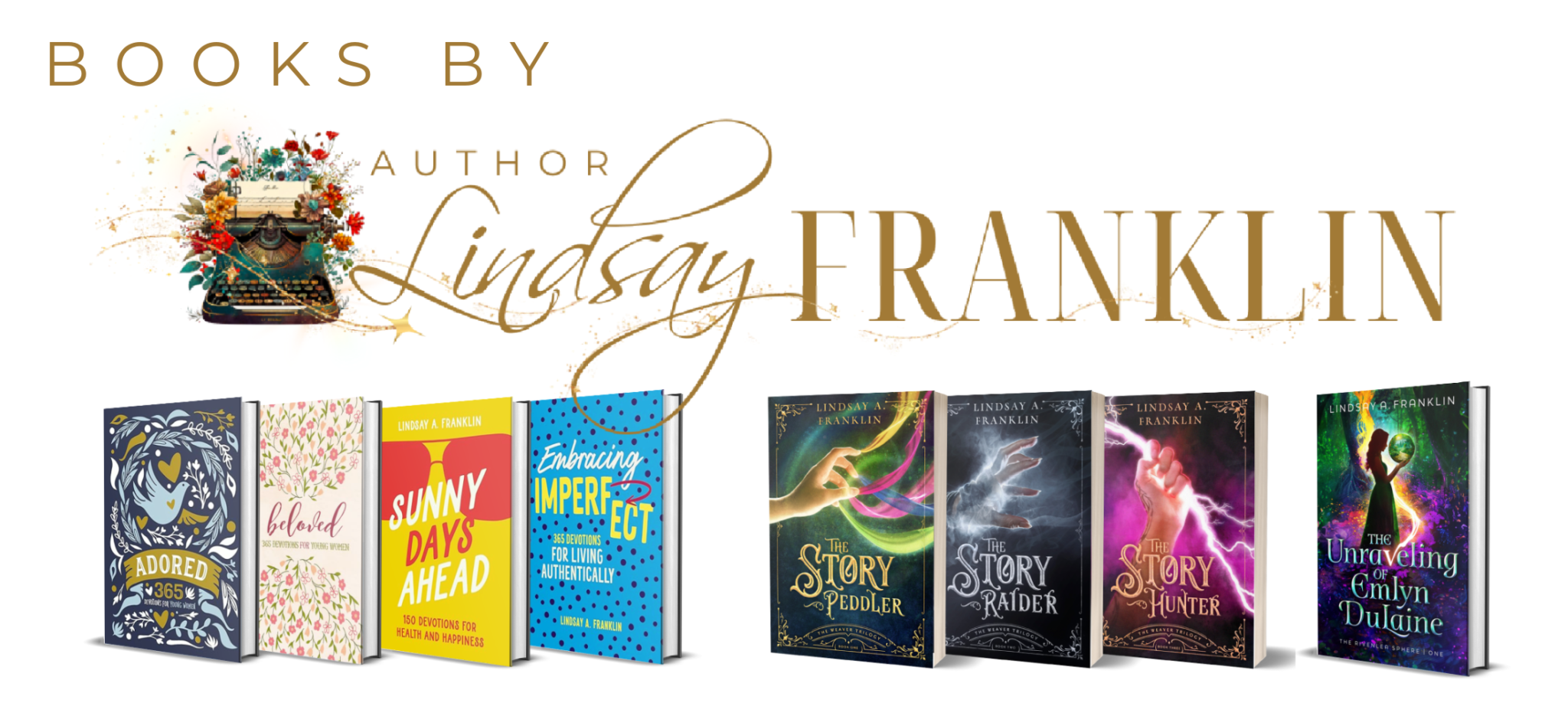 A collection of books by Lindsay A. Franklin, including The Rivenlea Sphere, The Weaver Trilogy, and Embracing Imperfect.