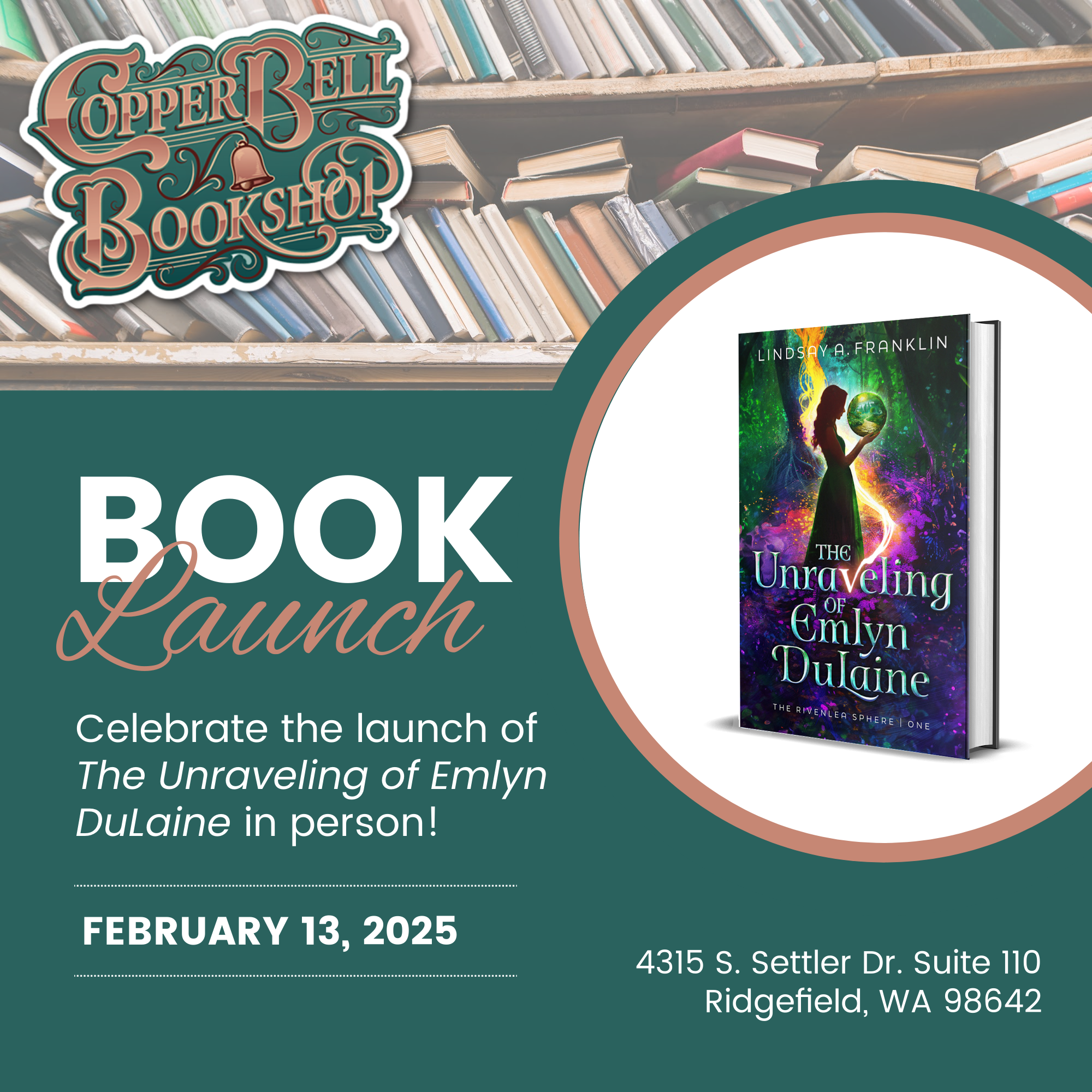 In-person launch party for The Unraveling of Emlyn DuLaine at Copper Bell Bookshop in Ridgefield, WA.